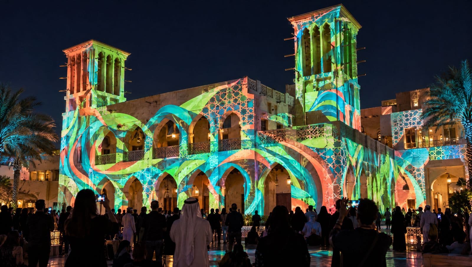 Large-scale projection mapping washing colour across a heritage Dubai facade as a crowd watches