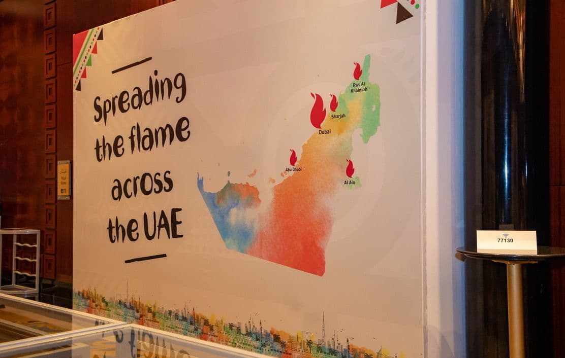Nando's 'Spreading the Flame Across the UAE' wall graphic with watercolor UAE map